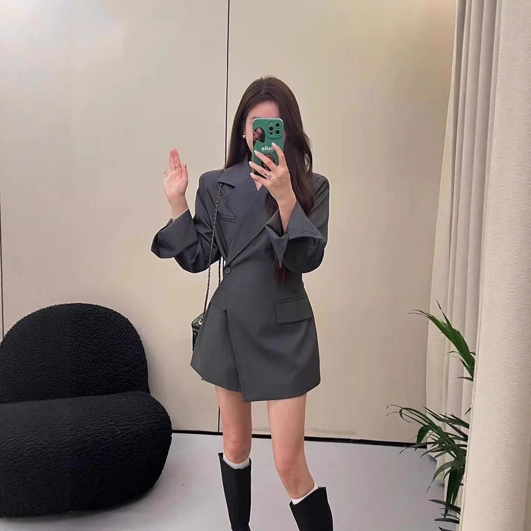 Women Solid Blazer Mid Length Jacket Lapel Single Button Long Sleeve Pockets Slim Fit Tight Waist Coat Outerwear Work Elegant
