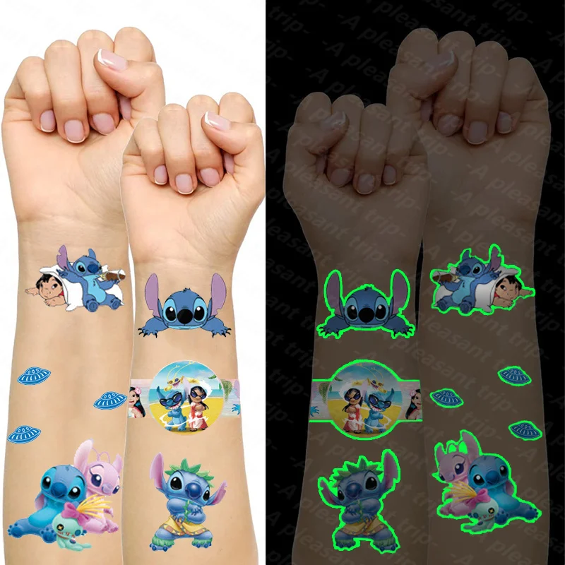 Tatuagem luminosa Lilo e Stitch, Glow in the Dark Adesivos, Decoração de festa, Feliz aniversário, Baby Shower Supplies, Presentes, Novo