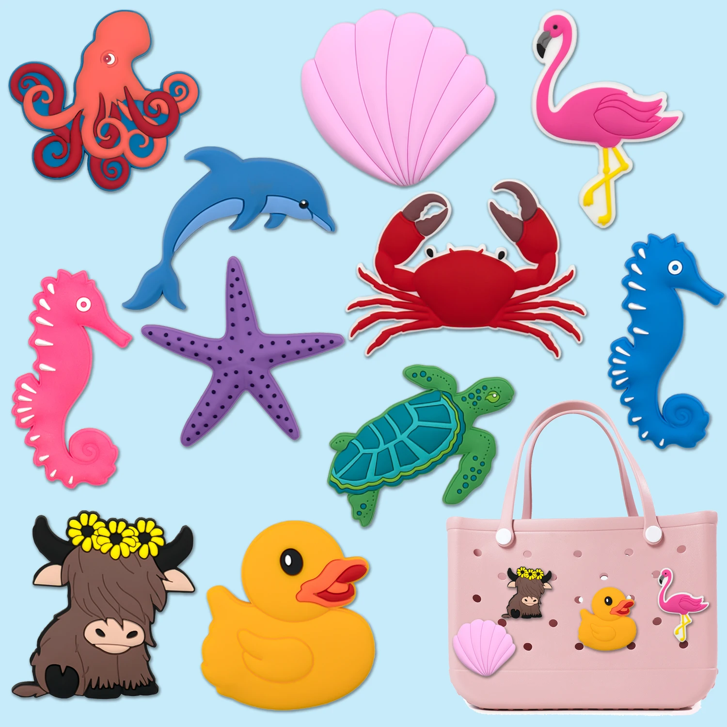 

1pcs Cute Animals Charms For Beach Bag Accessories Flamingo Duck Cow Handbag Decoration Beach Seahorse Crab for Tote Bag