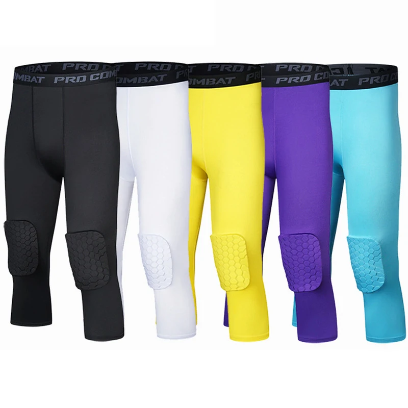 Sports leggings honeycomb knee pads anti-collision cropped pants fitness running basketball high elasticity men's leggings