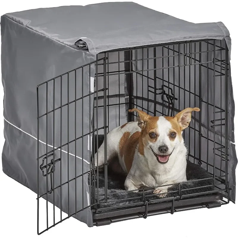 The Two-door Dog Crate Kit Includes A Two-door Crate with Matching Grey Bed and Grey Crate Lid for Small Dog Breeds