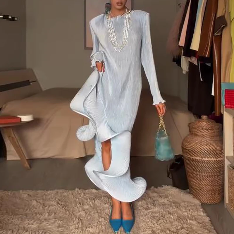 Autumn New Women Banquet Maxi Dress Temperament O-neck Long Sleeve Ruffle Evening Dress Elegant High Waist Irregular Party Dress