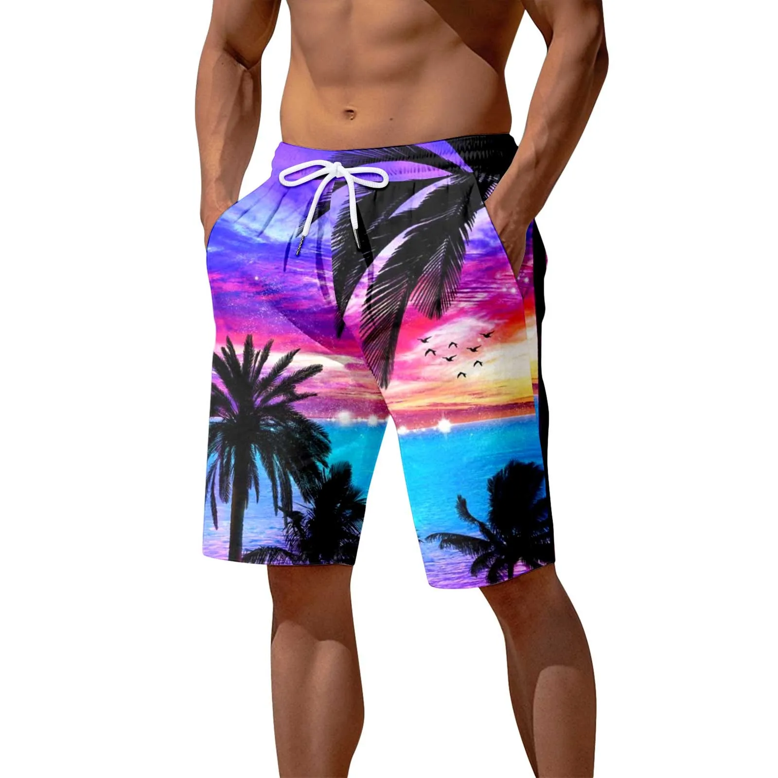 

Mens Beach Pants 3D Printed Seaside Coconut Tree Sunset Printed Beach Pants Casual Shorts