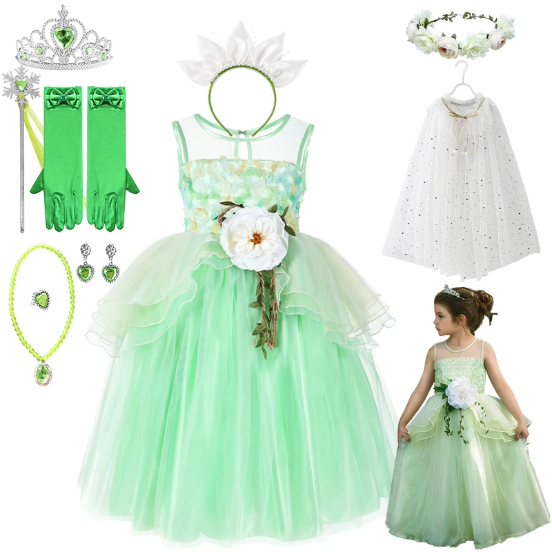 

Halloween Disguised Girls Forest Fairy Tiana Costume Luxury Child Birthday Party Floral Ruffle Tulle Performance Princess Dress