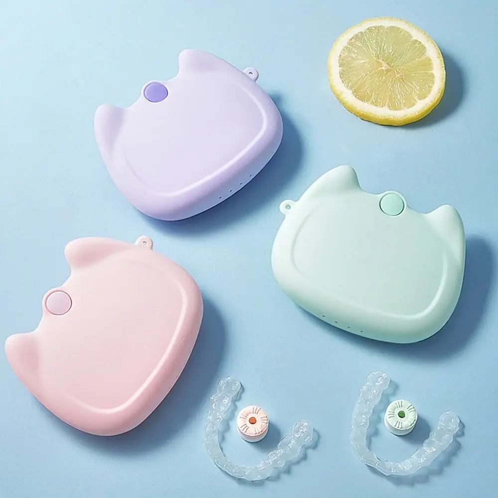 

Cartoon Cat Silicone Retainer Case Drain Holes Washable Mouth Guard Container Ventilation Candy Color Denture Storage Box