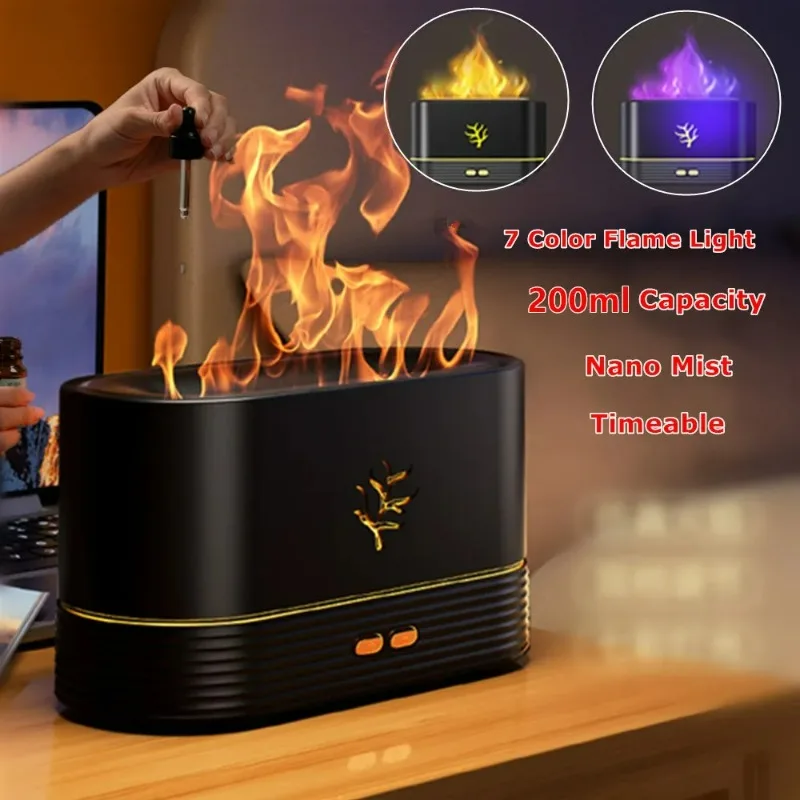 

New Colorful Flame Humidifier Air Purifier Aromatherapy Machine Essential Oil Diffuser Silent 3D Flame Light 200ml Humidifier