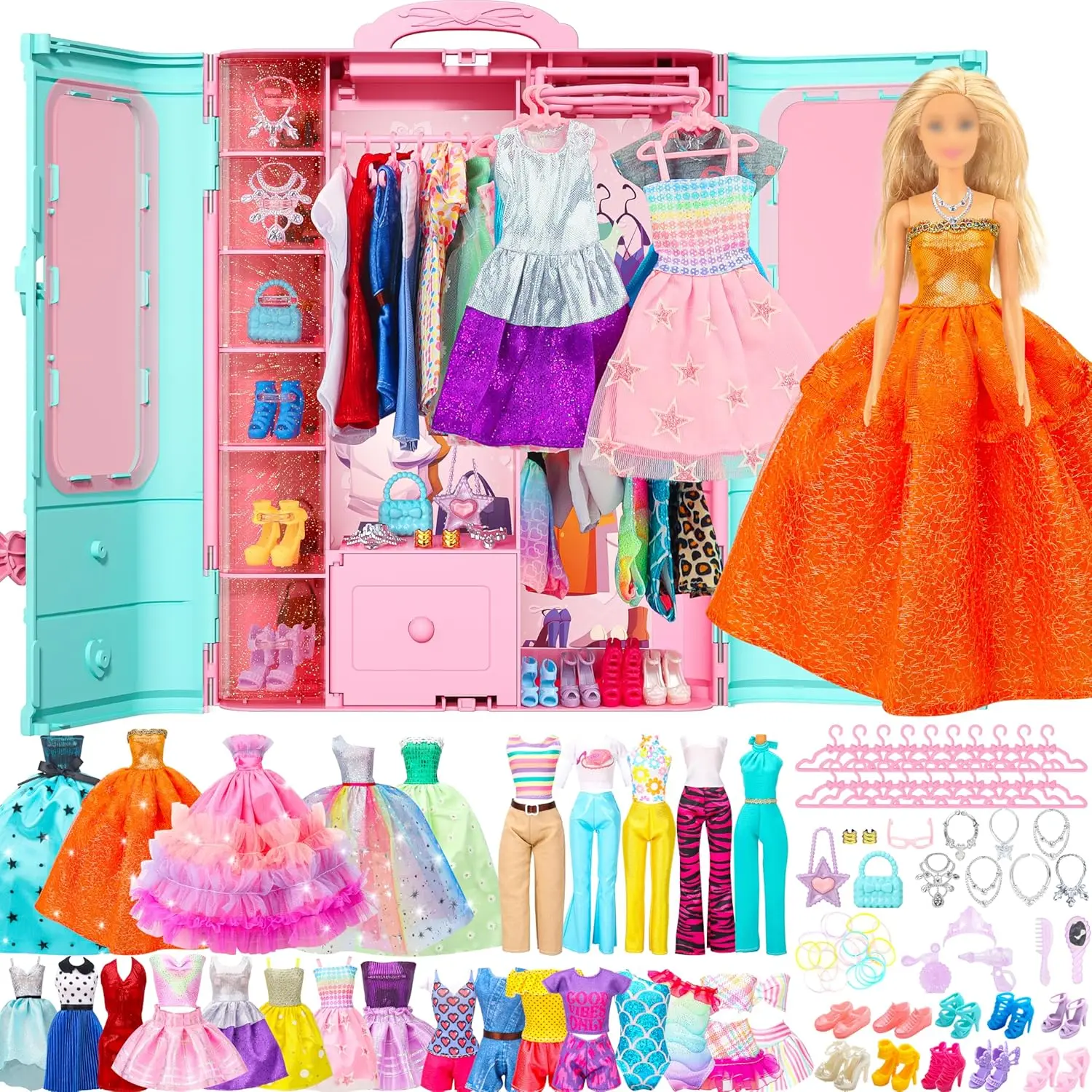 

70 Pcs Doll Closet Set with Wedding Gowns, Dresses, Shoes & Accessories for Girls Dress-Up Play