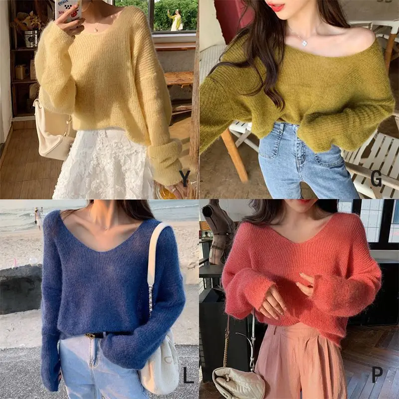 Women\'s Fall Winter Knit Cropped Top V Neck Long Sleeve Pullover Sweater Casual Solid Crop Sweatshirts