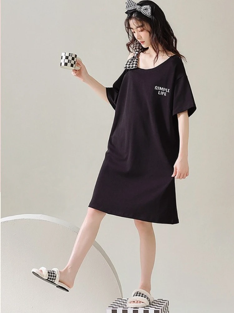 

50kg Large Size Loose Pregnant Pajamas Dress Women Ice Silk Off Shoulder Nightgown Korean Short Sleeve Long T-Shirt Dresses