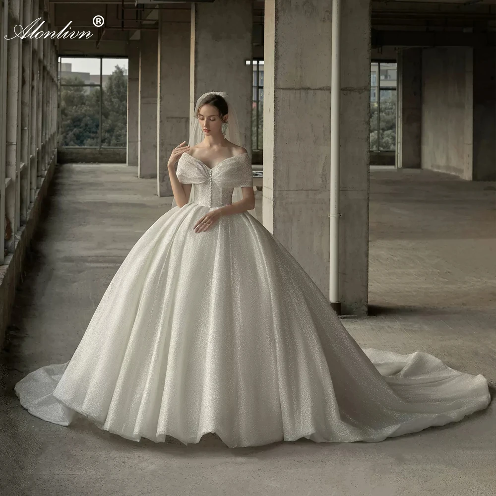 Alonlivn Customize Made Gorgeous Voile Ball Gown Wedding Dresses Off The Shoulder Court Train Princess Bridal Skirts