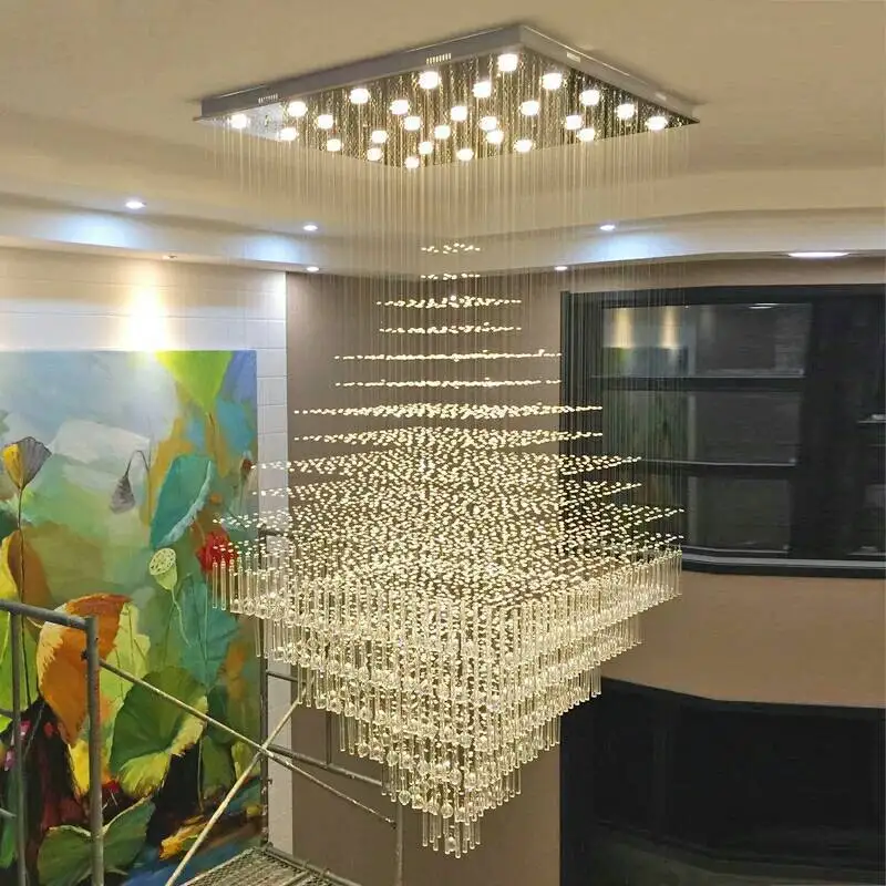 

Modern Ceiling Chandelier For Living Room Columnar Crystal Hanging Lamp Square Base Light Fixture Staircase Loft Cristal Lustre