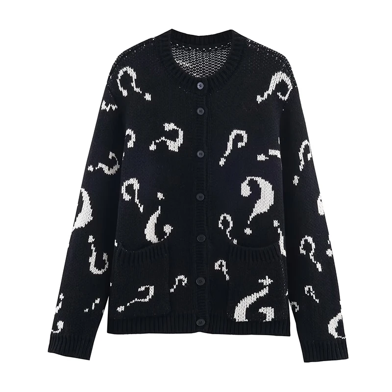 

YENKYE осенне-зимний жаккардовый вязаный кардиган для женщин, пуговицы спереди, длинный рукав, круглый вырез, винтажная повседневная верхняя одежда, черное пальто