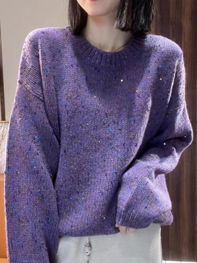 Faionable Long Sve round Ne Maglieria Maglione strato base in misto lana con design a paillettes per le vacanze autunnali invernali