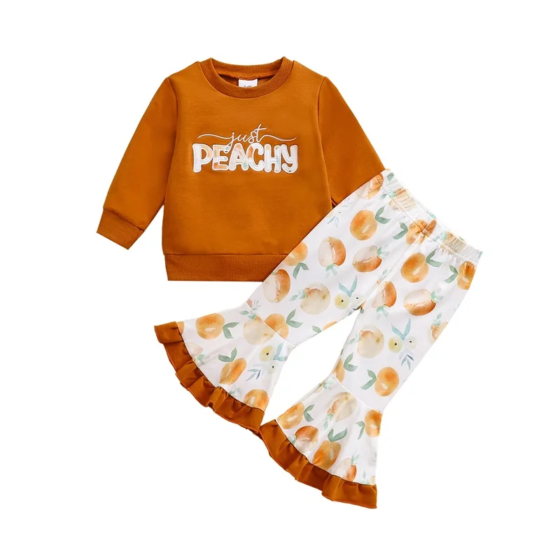Осенняя одежда для маленьких девочек: толстовка с длинными рукавами с буквенным принтом и эластичные брюки-клеш с персиковым принтом, комплект одежды из 2 предметов