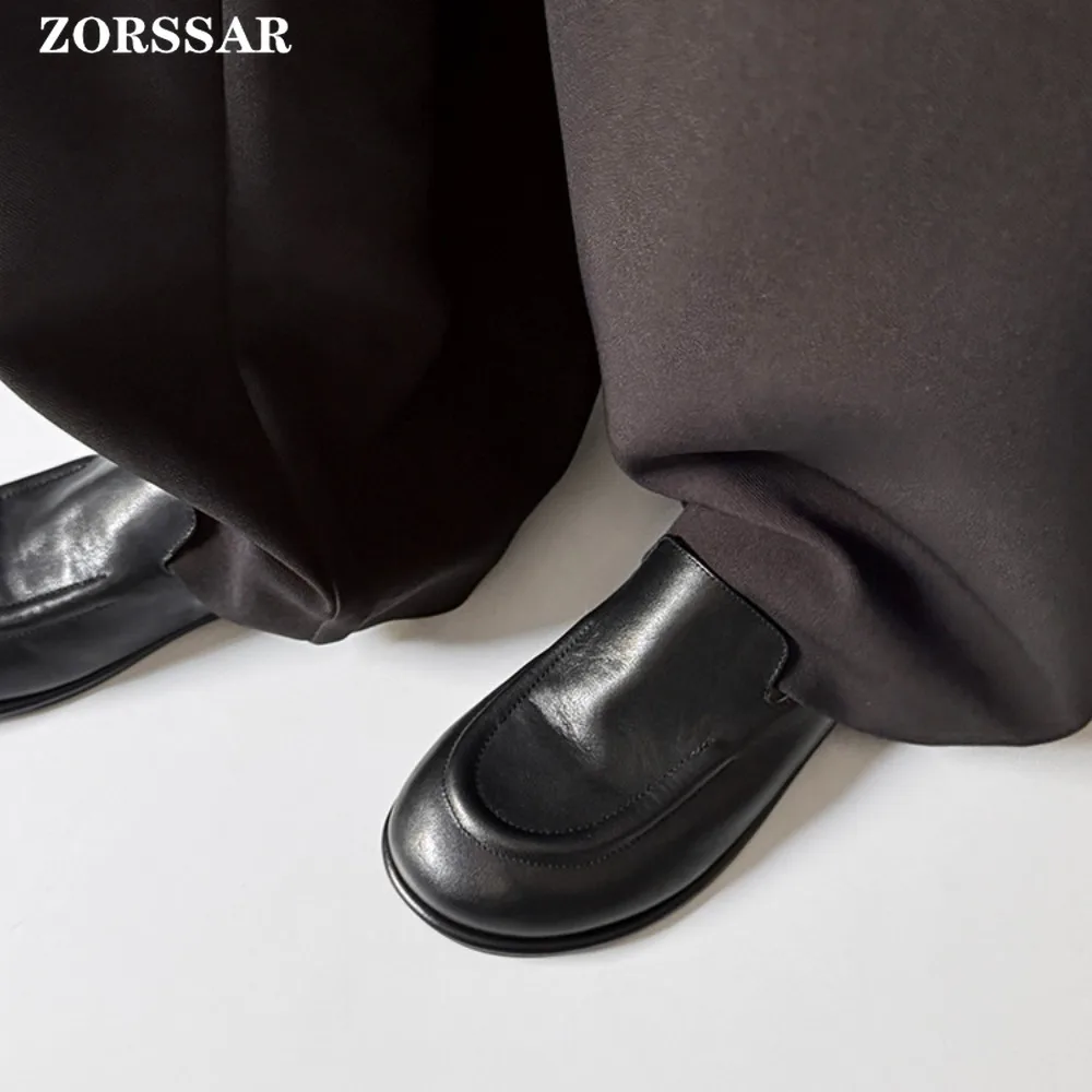 الجلد المدبوغ المتسكعون النساء 2026 ربيع جديد جولة تو قدم واحدة الانزلاق على جلد طبيعي قارب أحذية النساء لينة حذاء مسطح النساء #5