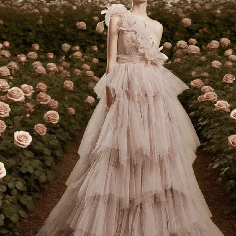 

High Quality Solid Elegant Stain Prom Dresses for Party One-shoulder Flowers Floor-length Ball Gown Evening Dress Customized