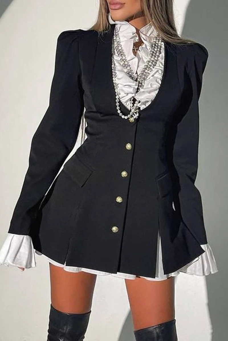 

STYLISH LADY Elegant OL Blazer Dress 2025 Autumn Women Long Sleeve V Neck Single Breasted Party Faux 2 Piece Mini Dress