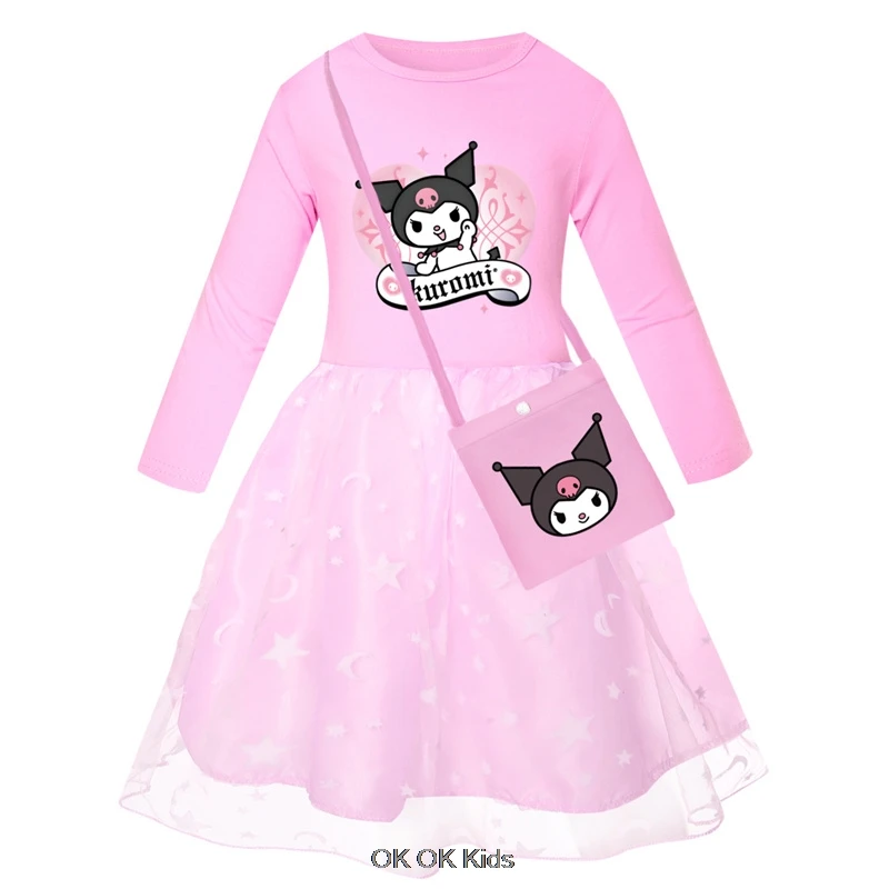 Lovely Kuromi Melody Kids Clothes Long Slevess Dresses Cotton Rainbow Full Dress Teen Cartoon Girl's Clothing Party Clothes 2-8Y