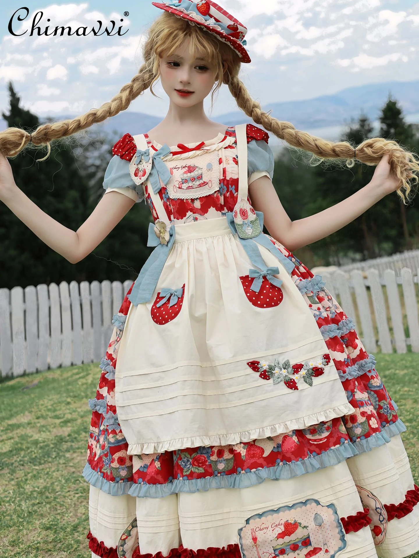 Abiti Lolita pastorali alla fragola 2025 Estate nuove ragazze dolci donne carino stampa Op principessa elegante abito lungo e grembiule