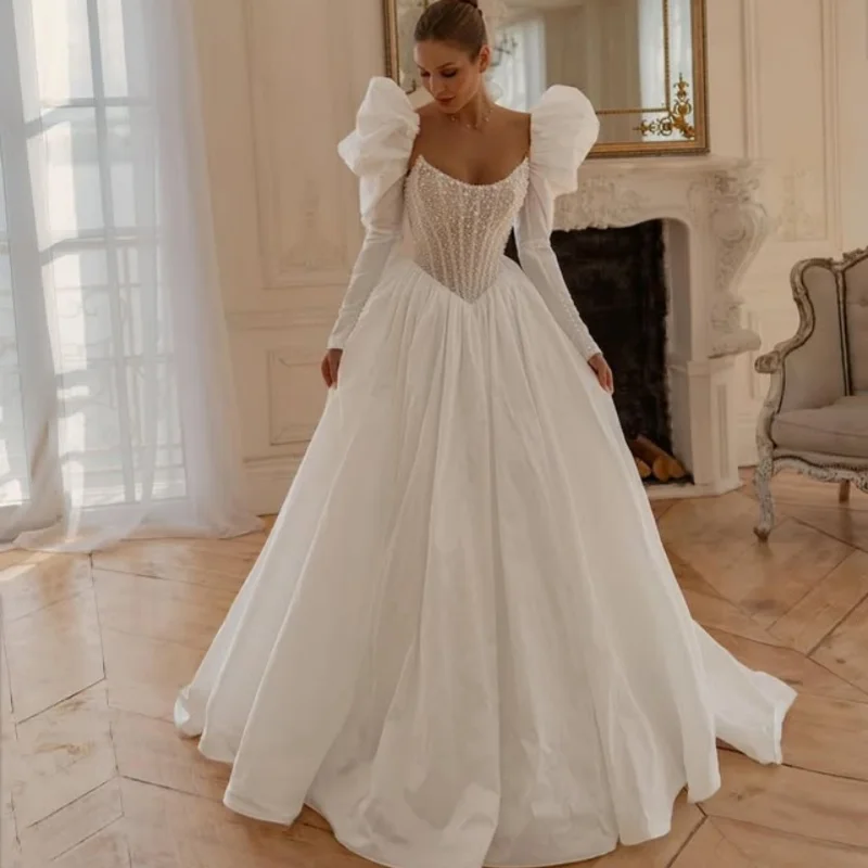 فساتين زفاف بيضاء خارج الكتف مشد لؤلؤة الديكور فساتين الزفاف ألف خط متعدد الطبقات صنع تخصيص #2