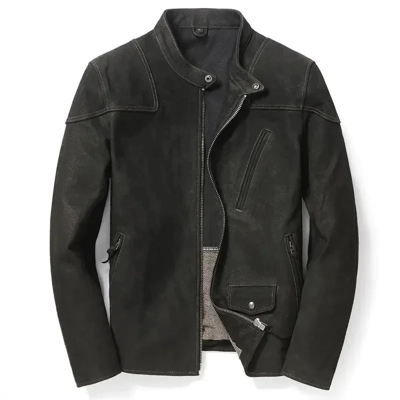 

Black Autumn Leather Jacket Men Sports Style Plus Size 4XL Genuine Natural Cow Suede Stand Collar Slim Fit Short Leather Coat