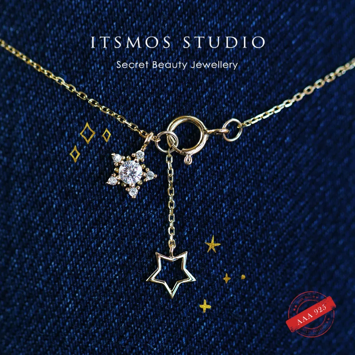 ITSMOS-collar de plata de ley 925 chapada en oro de 14 quilates, Gargantilla con colgante de estrella brillante, cadena Simple, regalo para mujer