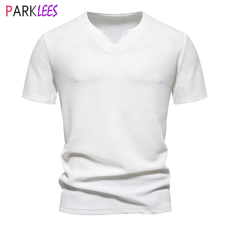 Mens Bubble Fabric Short Sleeve T Shirt 2024 Summr New Slim Fit V Neck T-shirt Male Casual Hipster Streetwear Tee Shirt Homme