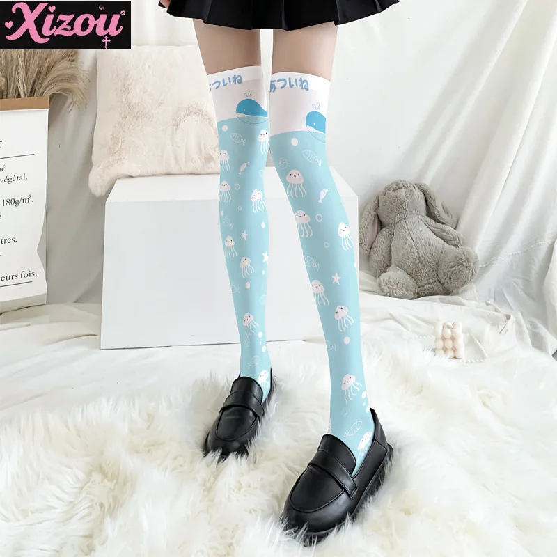Soft Cute Girl Kawaii Print Stockings Thin Female Spring and Autumn Japanese Lolita Cute Anime Knee Long Tube White Velvet Socks