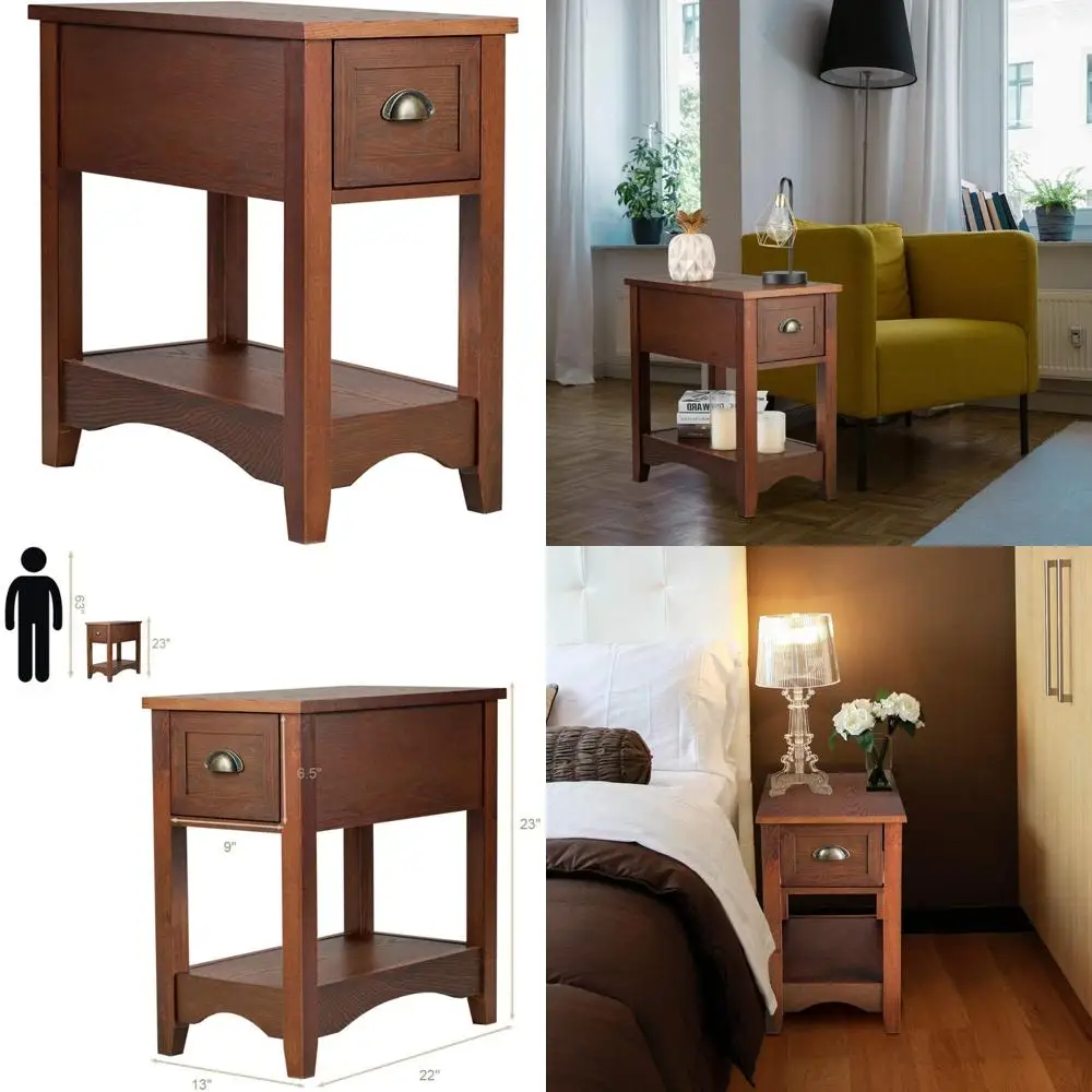 

Узкий торцевой столик в стиле ретро с выдвижным ящиком и полкой для хранения, тумбочка из цельного дерева для использования в гостиной и спальне