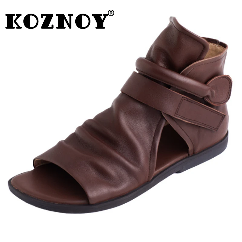 

Koznoy 1.5cm Cow Genuine Leather Summer Fshion Platform Fashion Shoes Peep Toe Ankle Booties Women Sandal Slippers Hollow Flats