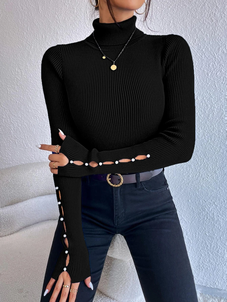 New Autumn Winter Women Fold Turtleneck Long Cut out Pearls Sleeve Pull Sweater Casual Rib-Knit Jumper Tops Female Y2K Clothing