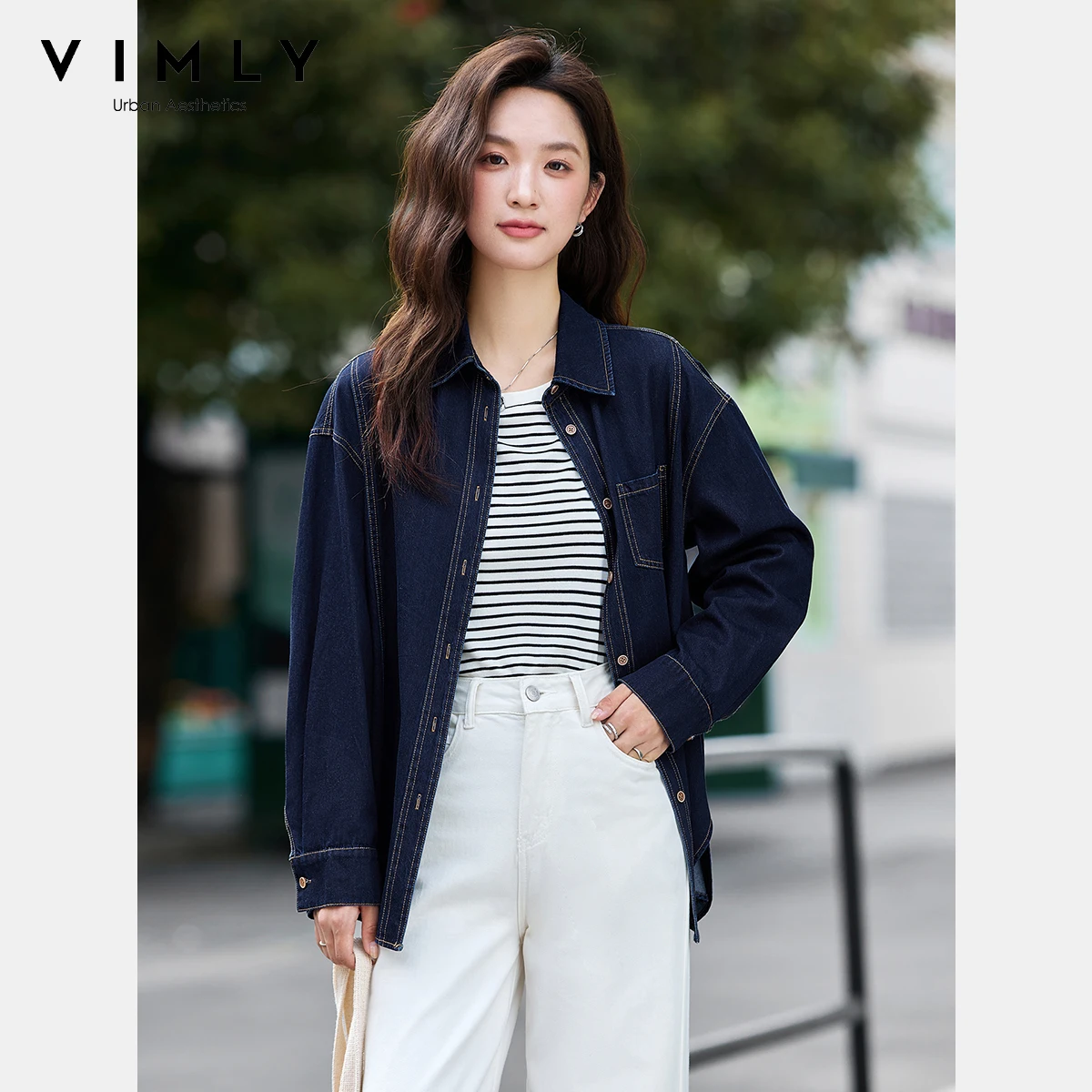 

VIMLY Women's Denim Pure Cotton Shirt Autumn 2025 Vintage Long Sleeve Loose Button Casual Blouse Ladies Chemisier Femmes A2223