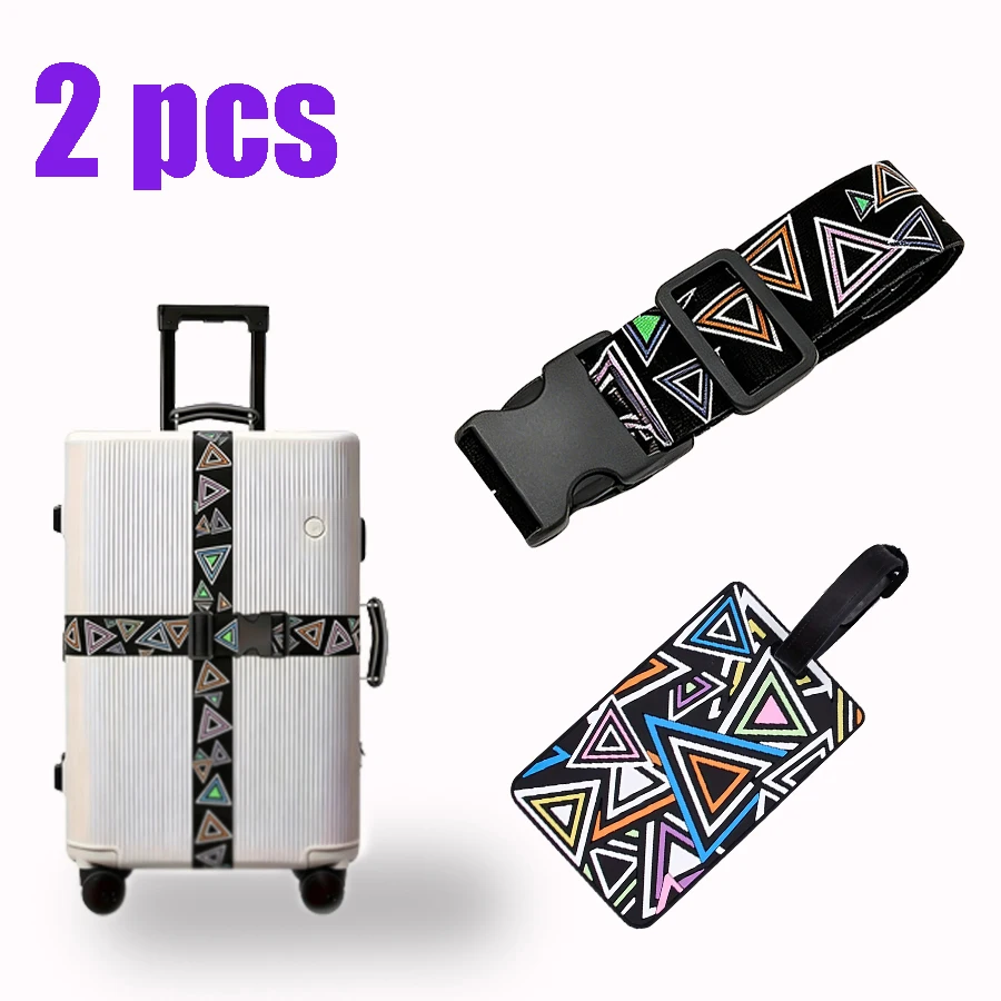 2-Piece Set of Luggage Straps with Colorful Triangle Prints on Black Background, High-Elastic Polyester Buckle Straps, Anti-Loss Design, Pvc Luggage Tags, Waterproof, Adjustable and Reinforced, Travel Accessories for Airport Trips/Business Trips/International Students