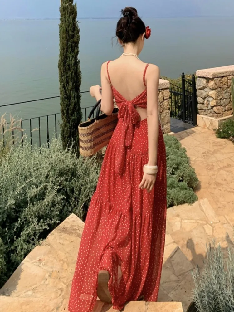 

Women French Red Retro Backless Polka Dot Sling Dress Summer Sexy Sleeveless Lace up Pleated Dresses Holiday Beach Outfits
