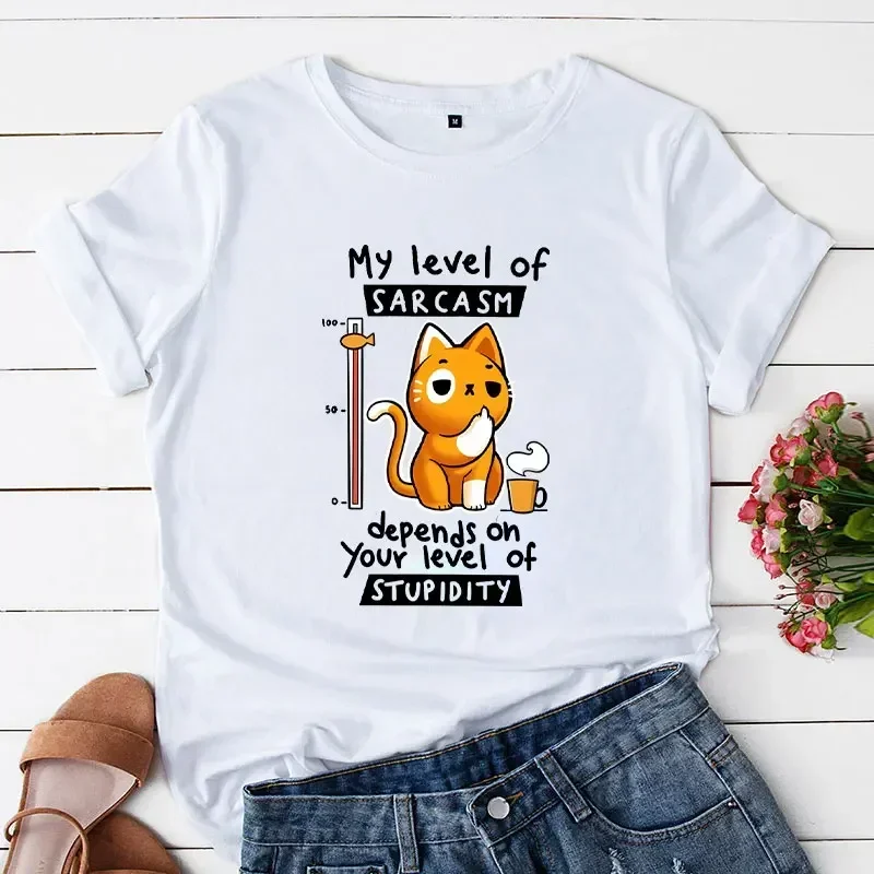 New Funny Sarcasm Cat Print T Shirt My Level of Sarcasm Depends on Your Level of Stupidity Tee Tops Women Tshirt Fashion T-Shirt