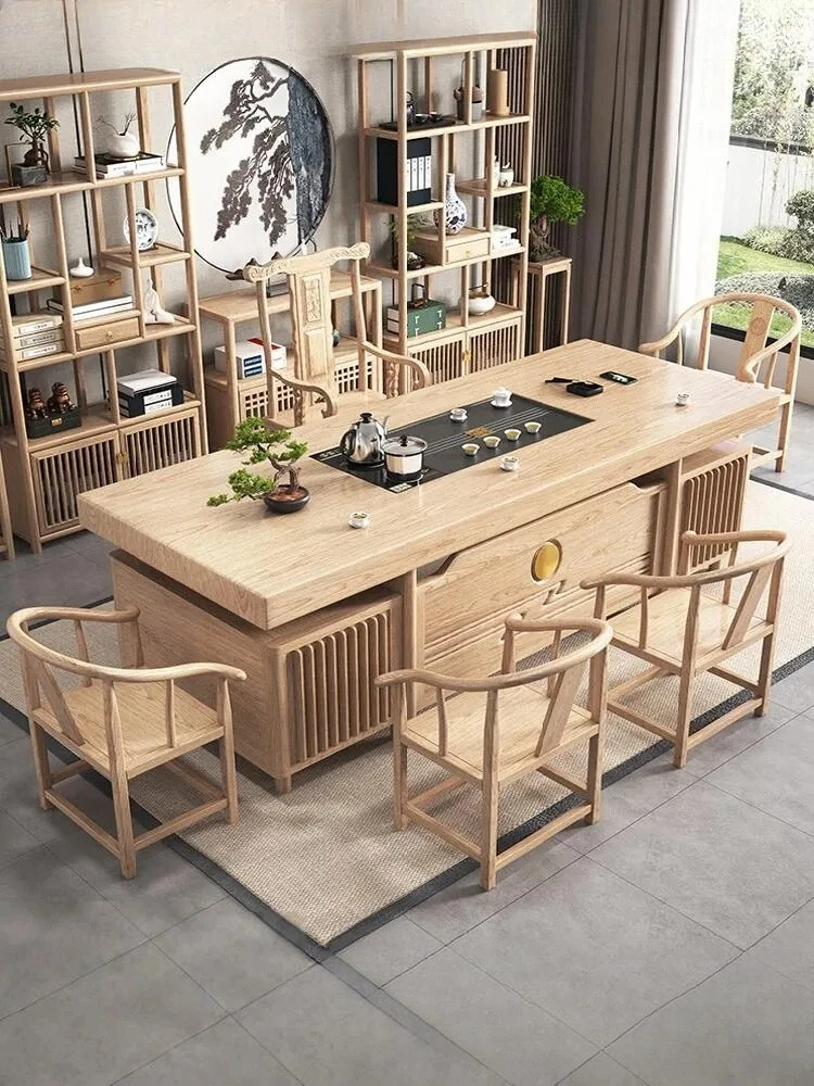 Raw wood color large board tea table and chair combination: one table and five chairs, office living room, home solid wood