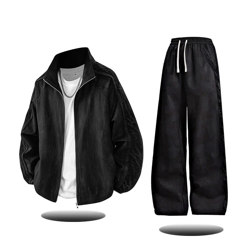 Conjunto de roupas esportivas casuais masculinas retrô para primavera e outono, jaqueta moderna de alta qualidade e calças de duas peças com bloqueio de cores