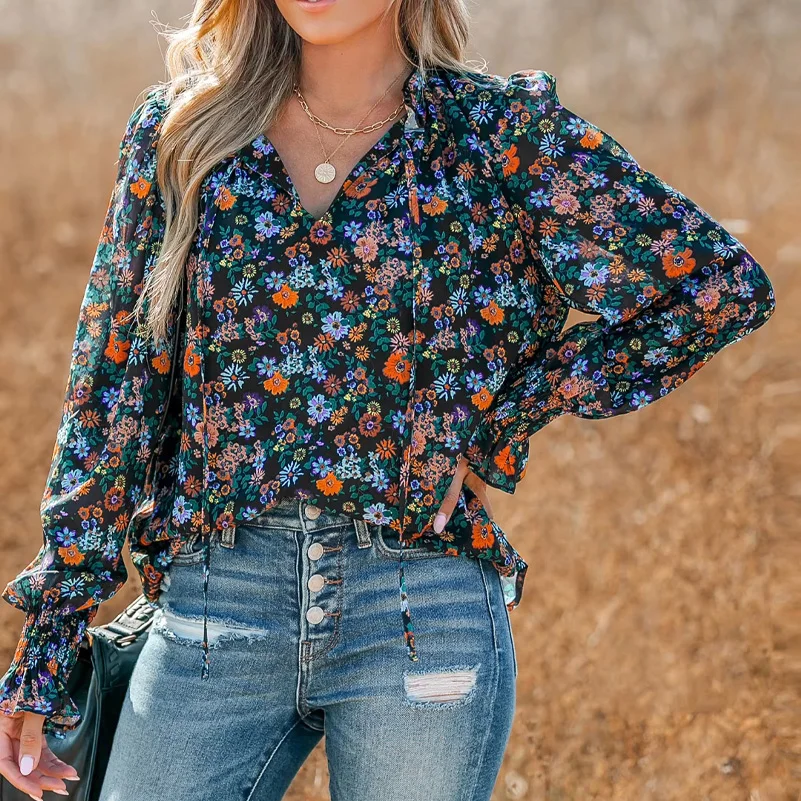 Plus Size Women's Shirt, Flower Print V-Neck, Long Sleeves with Ruffles, Casual Resort Style, Suitable for All Seasons image 2