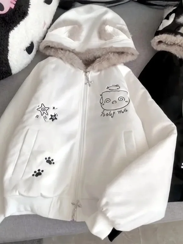

Милый повседневный хлопковый тюре с мультяшной вышивкой, женский жакет с меховым воротником и капюшоном, теплая верхняя одежда, очаровательное тонкое пальто