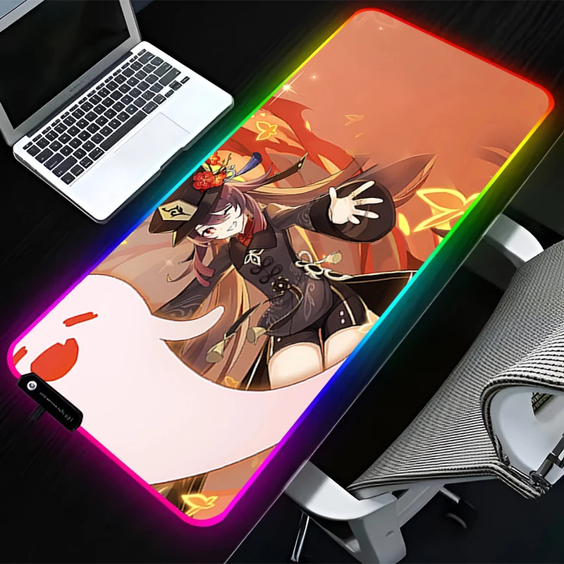 

RGB LED Mouse Pad HD Rubber Mousepad Computer Gaming Accessories Keyboard Pad G-genshin Impact Hu Tao Office Non Slip Mouse Mat