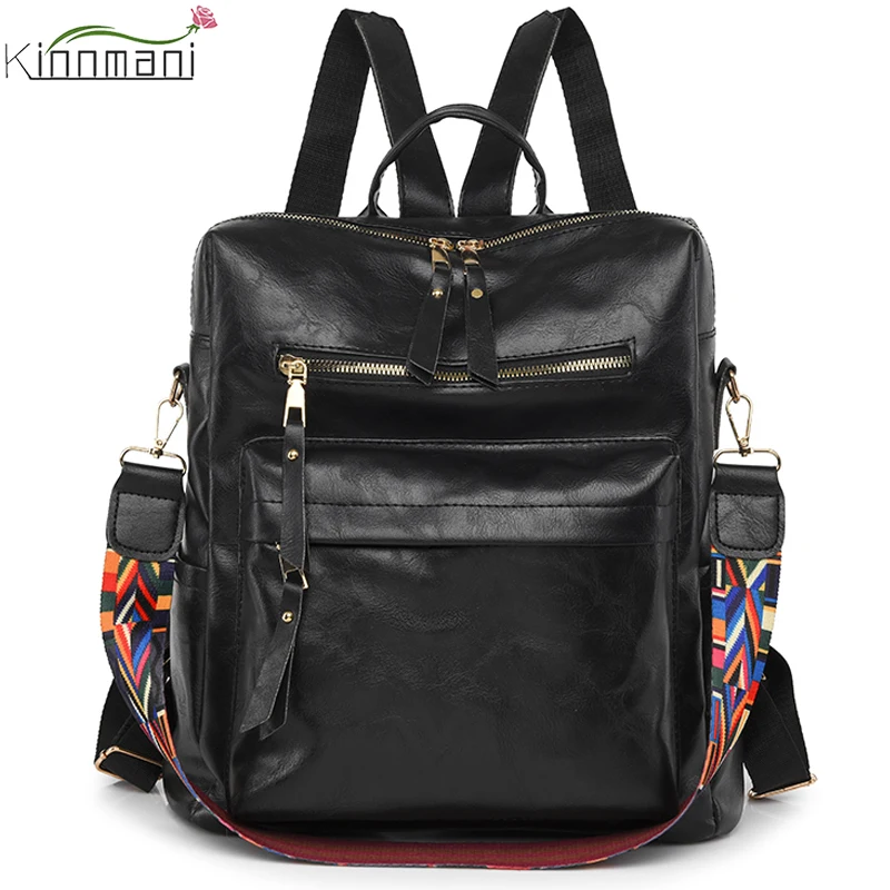 New 2024 Women Luxury PU Leather Backpack Travel Large Capacity Fashion Retro School Bag Shoulder Bag Wide Strap Girls Backpacks