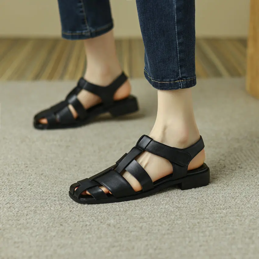 QUTAA 2023 Summer Women Sandals Microfiber Square Toe Low Heels Office Ladies Casual Pumps Gladiator Shoes Woman Size 34-43