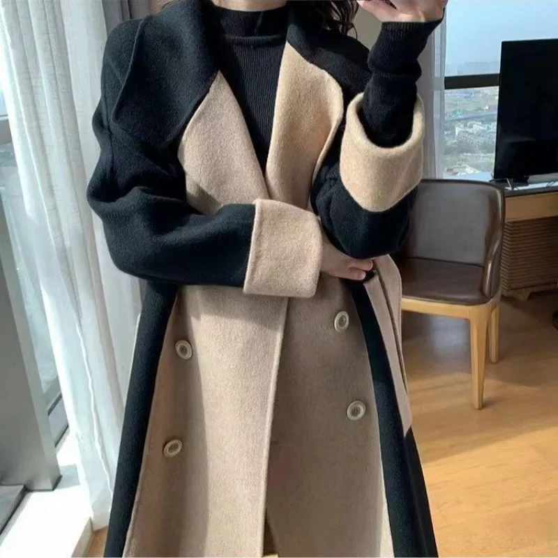 Abrigo largo de mezcla de retazos para mujer, abrigos de un solo pecho con cuello vuelto, Parkas elegantes, prendas de vestir cálidas y elegantes, Otoño e Invierno