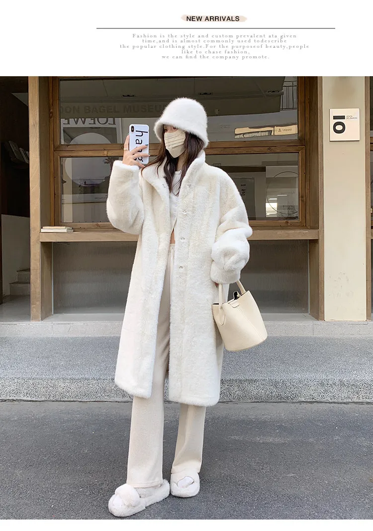 Women's Thick Faux Mink Fur Mid-length Coat Autumn Winter Fashion Stand Collar Plush Outerwear Women Elegant Warm Fluffy Jackets