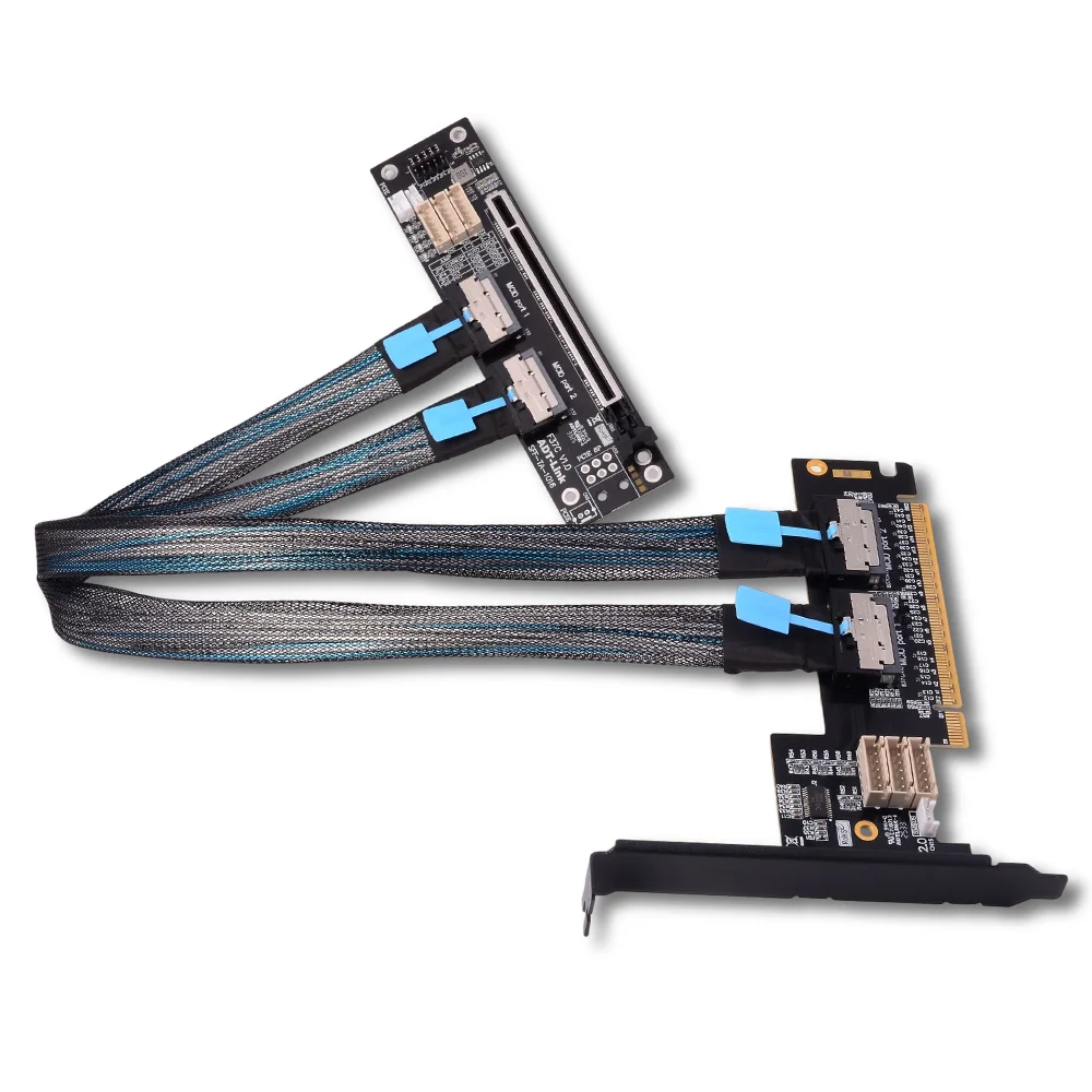 ADT-Link 256G/bps PCIe 4.0 x16 MCIO Graphics Card Split Cable One-to-Two x8 GEN4 Dual (Split into x8x8) Bifurcation Adapter Card