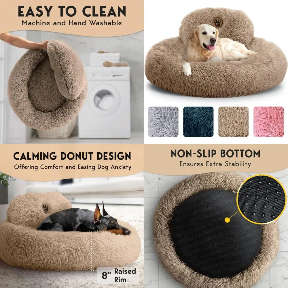 

Large 36 Round Dog Bed - Plush Faux Fur, Anti-Slip, Washable, Comfortable for Dogs up to 100 lbs, Beige