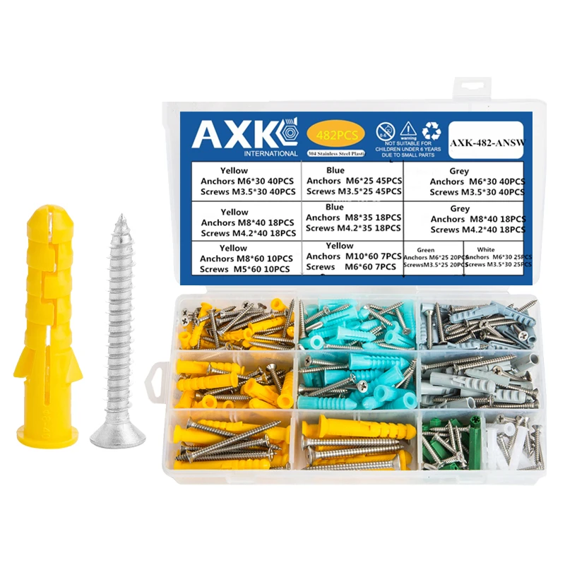 

482pcs/set Plastic Expansion Drywall Anchor Set with Self Tapping Screw M3.5 M4.2 M5 M6 Wall Anchor Expansion Tube