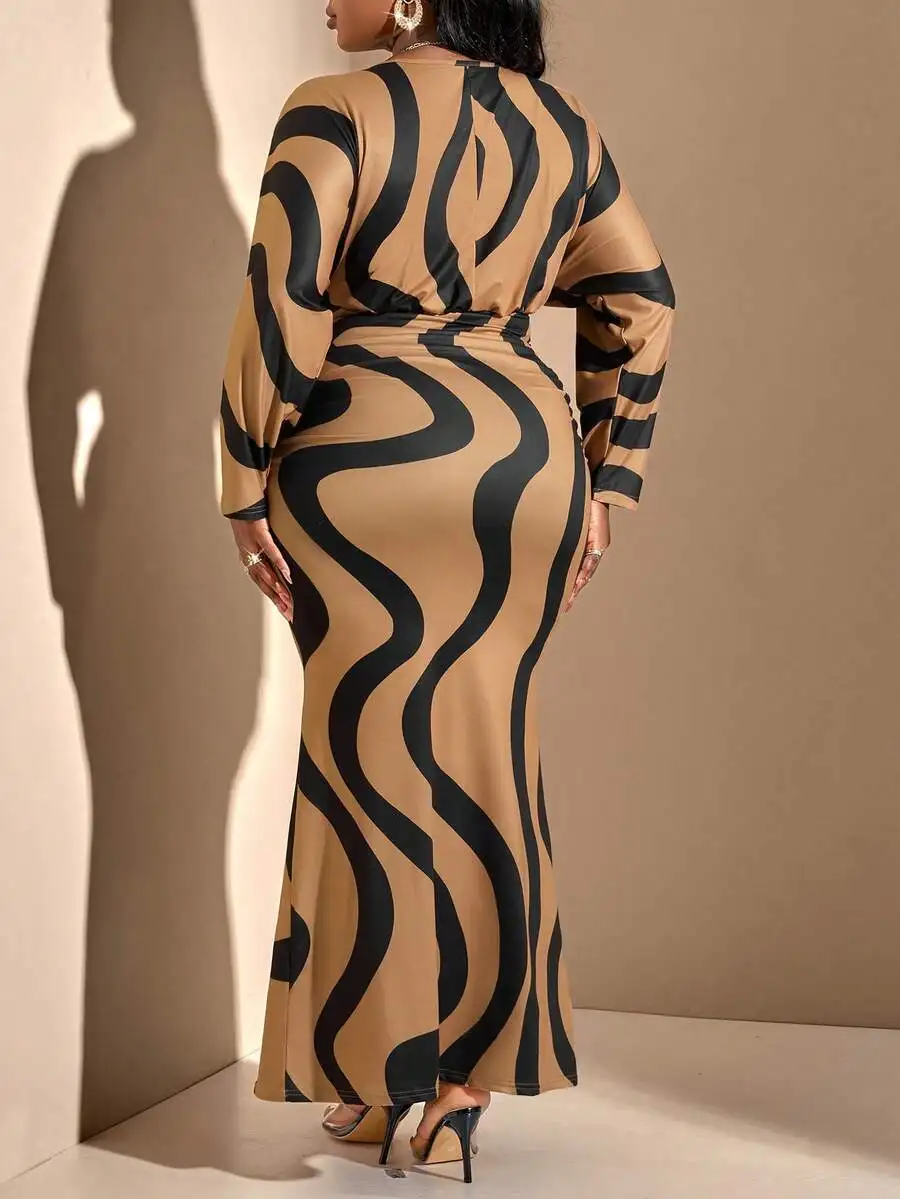 Plus Size Womens Abstract Pattern Batwing Sleeve Maxi Dress