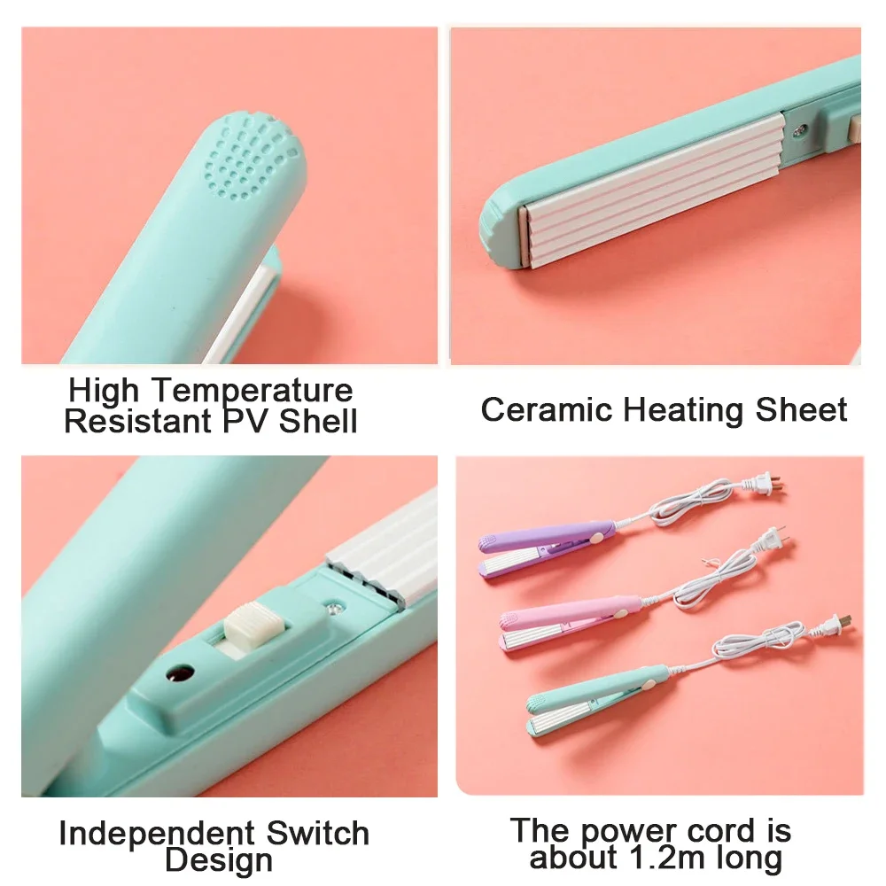 Pro 3 In 1 Mini Hair Iron 200℃ Corrugated Splint Electric Curling Iron Pink Hair Curler Flat Iron Party Travel Modelling Tools