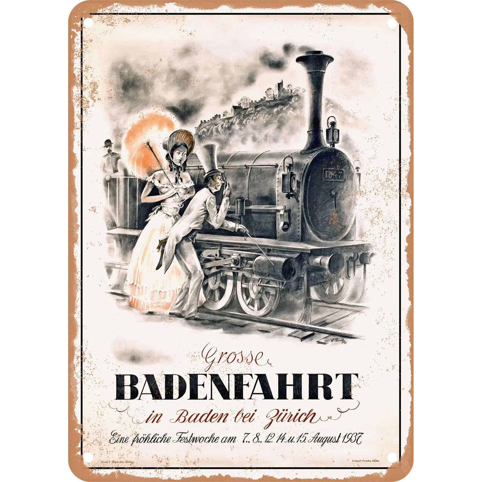 1937 Baden Bathing Festival Metal Sign - Heavy-Duty Iron Retro Spa Poster - Alps Thermal Spa Advertising - Mid-Century European